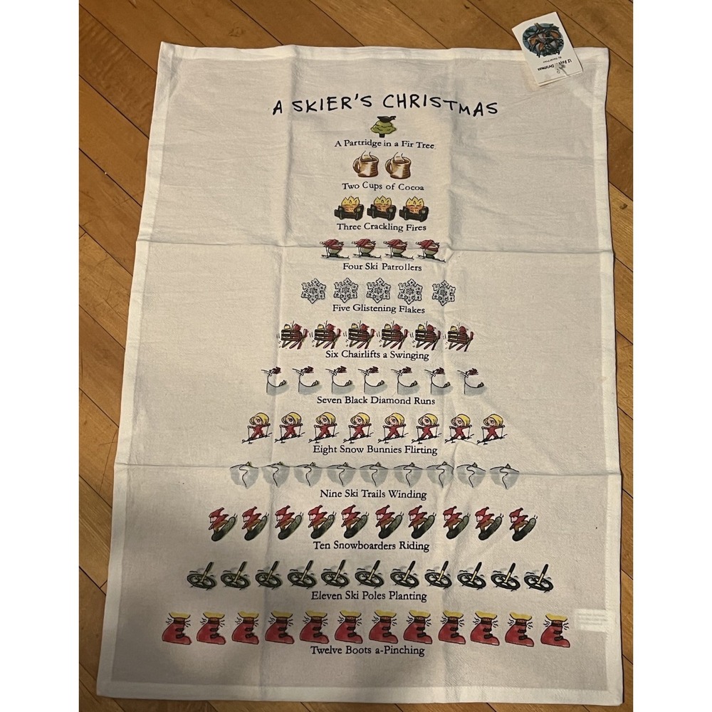 NWT David Price 12 Days Of Christmas A Skiers Christmas Cotton Tea Towel 18x26